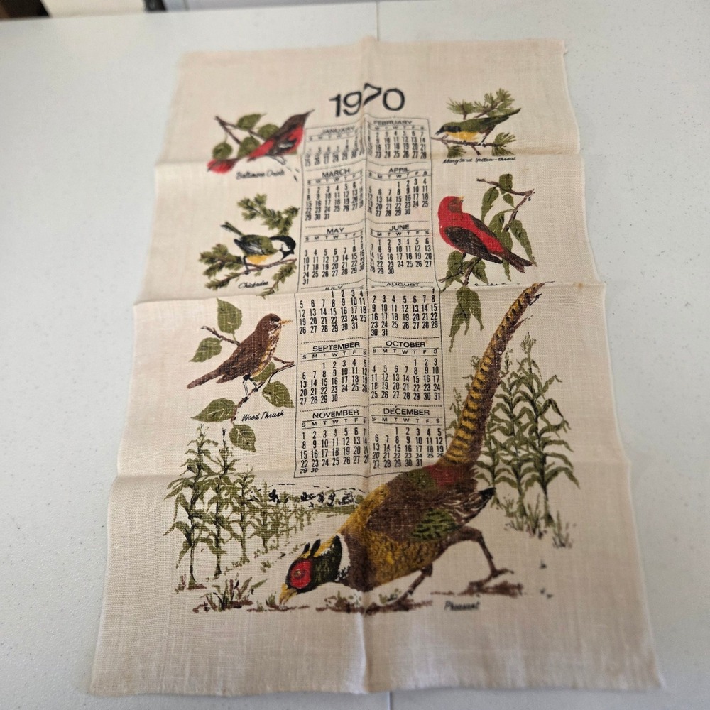 Vintage 1970 Calendar Tea Towel Birds Pheasant Baltimore Oriole Linen 26x15